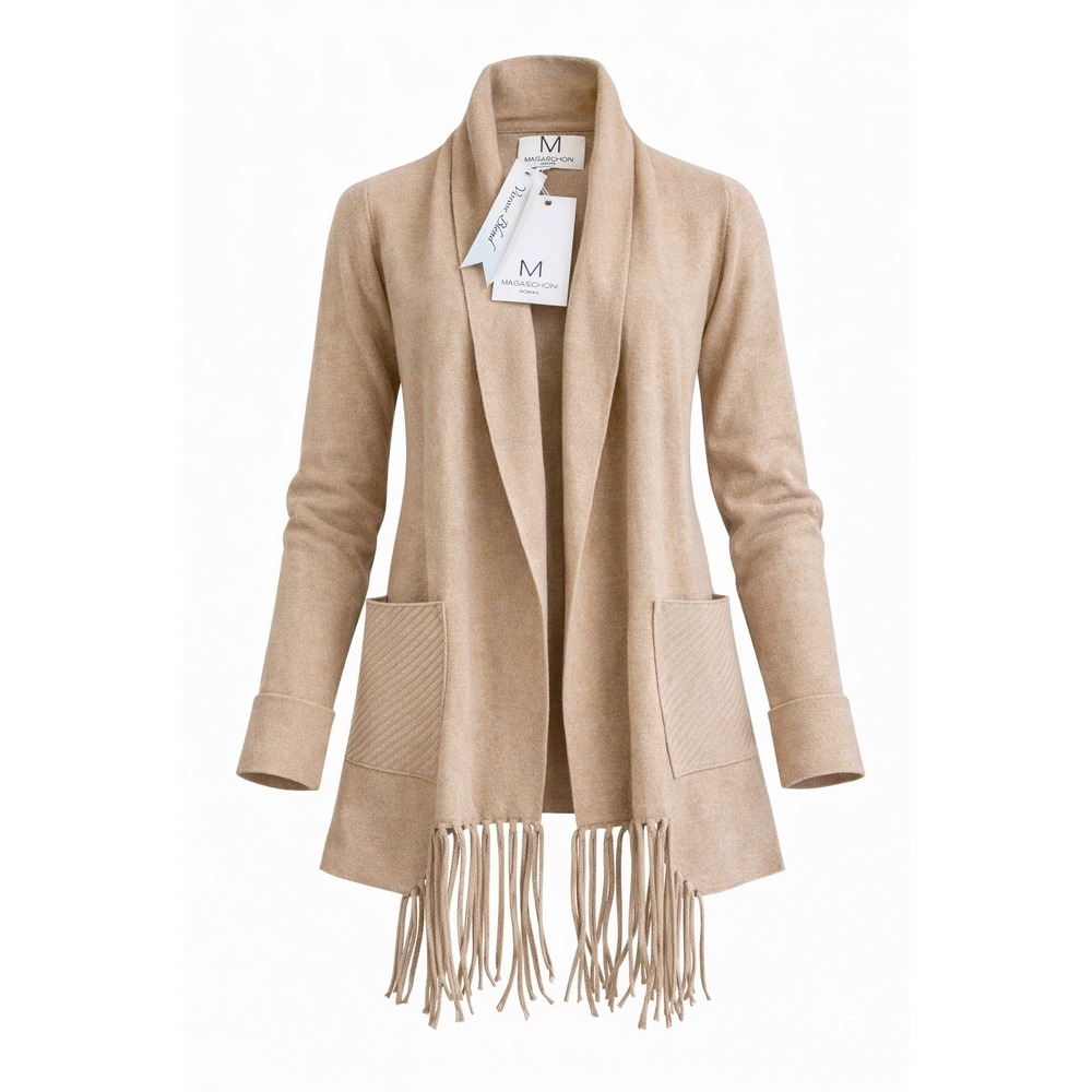 Magaschoni Woman Tan Beige Fringe Open Front Cardigan Sweater Viscose Blend 2X